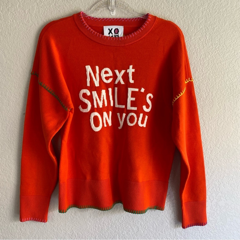 NEW Kerri Rosenthal womens NEXT SMILE'S ON YOU Sweater Orange Knit Pullover